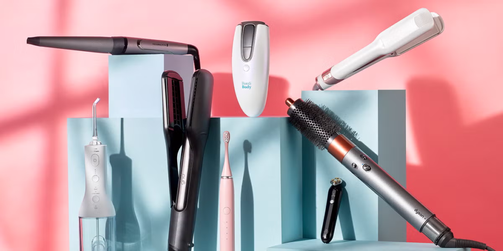 Beauty tools for skincare, haircare, and makeup, including facial rollers, makeup brushes, sponges, combs, and hair styling tools.