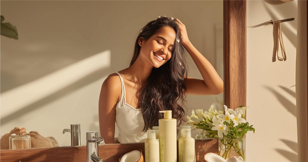 Alternative Text: Healthy and beautiful hair with a simple everyday haircare routine, showing strong, shiny, and well-maintained hair.
