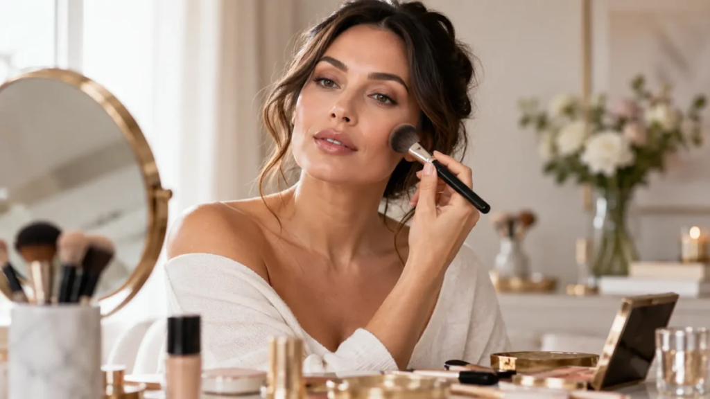 Natural makeup look with soft blush, light foundation, mascara, groomed brows, and a nude lip for an everyday fresh appearance.