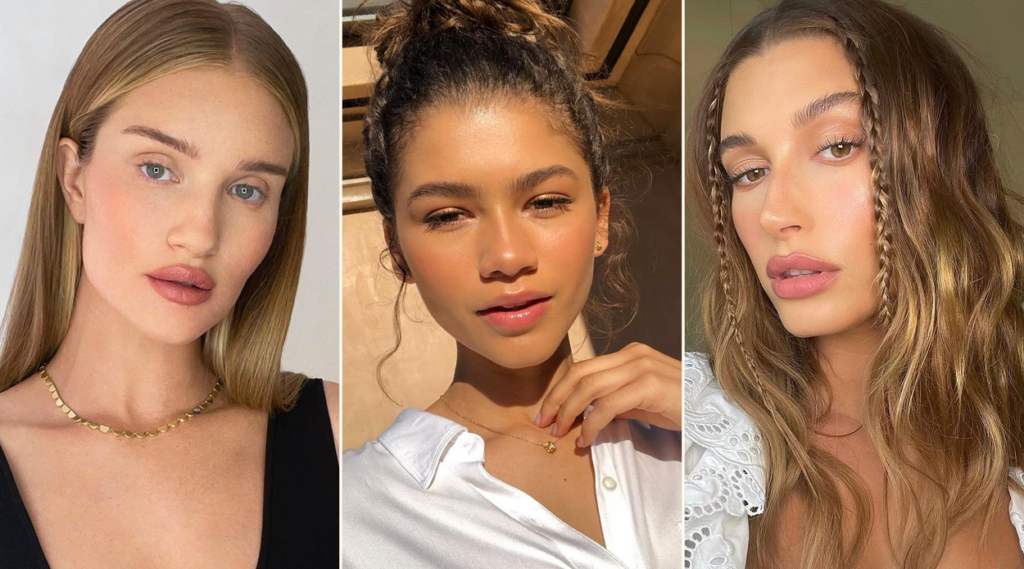 Natural makeup look with soft blush, light foundation, mascara, groomed brows, and a nude lip for an everyday fresh appearance.