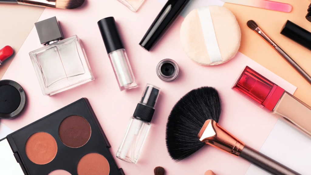 Beauty tools for skincare, haircare, and makeup, including facial rollers, makeup brushes, sponges, hair dryers, and styling tools.
