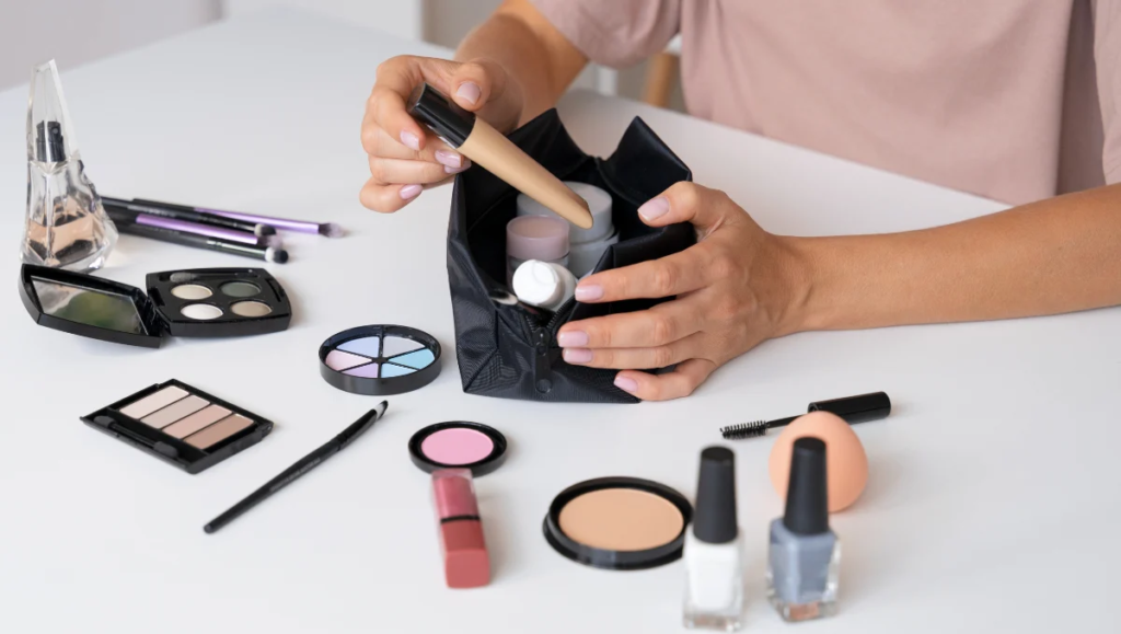 Beauty tools for skincare, haircare, and makeup, including facial rollers, makeup brushes, sponges, hair dryers, and styling tools.