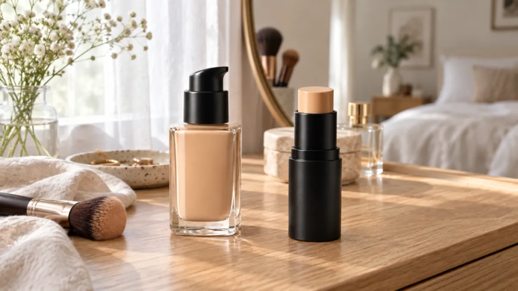 Natural everyday makeup look featuring glowing skin, soft blush, defined brows, and subtle lip colour.